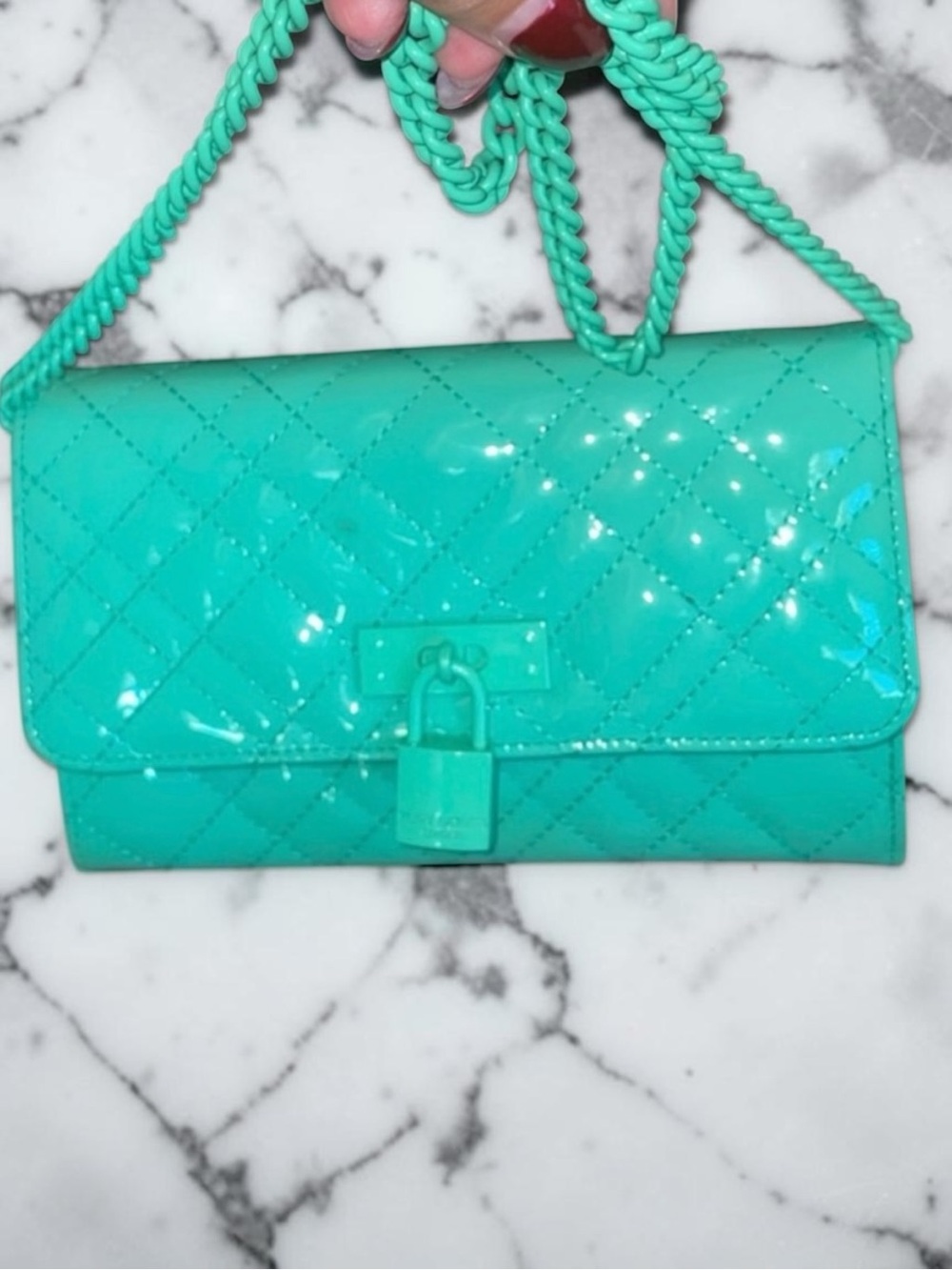 Kurt Geiger 🪢 EUC Brixton Drench Quilted Patent Teal Green WOC